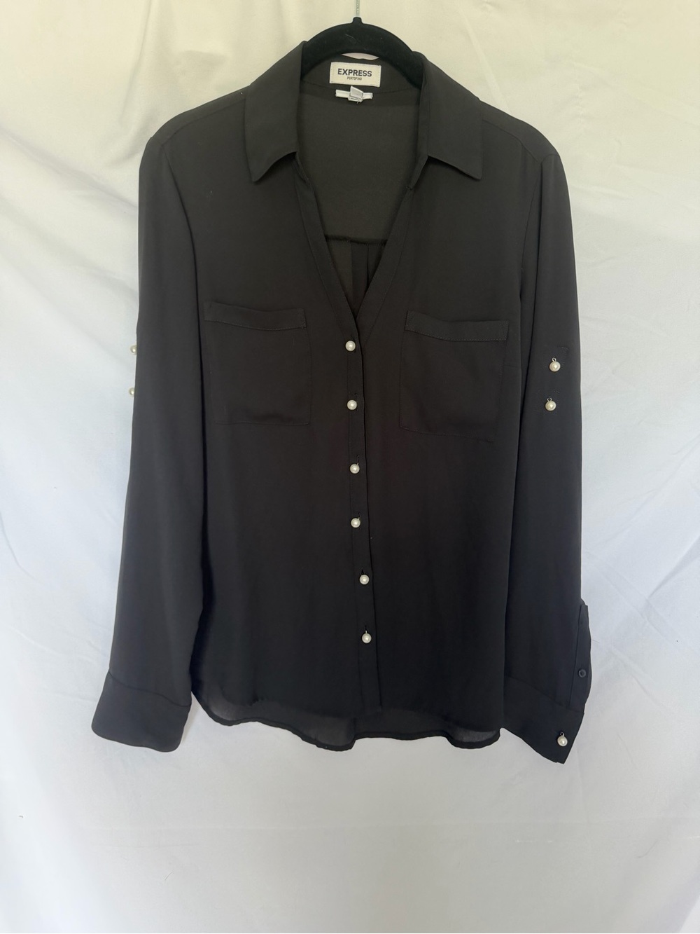 Express Black Pearl-Button Long-Sleeve Blouse